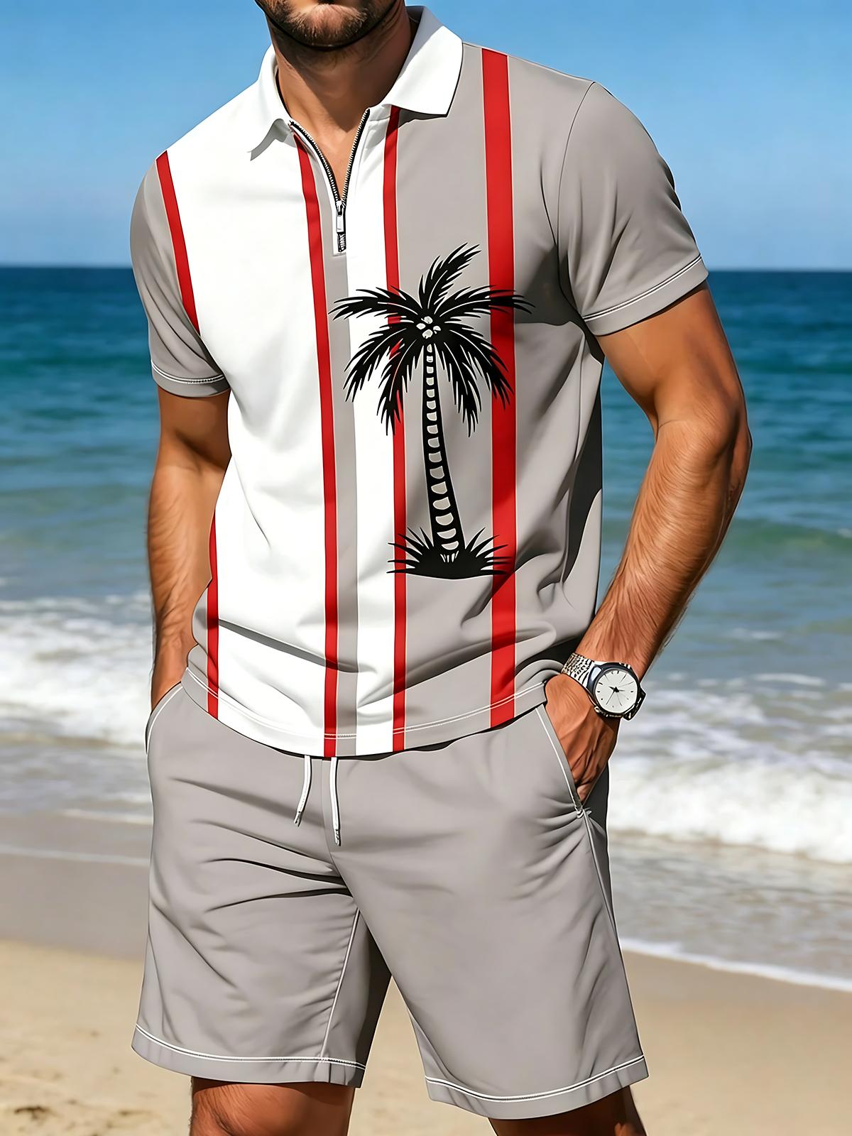 Hawaiian Coconut Tree Men's Short Sleeve Zipper Polo And Shorts Set