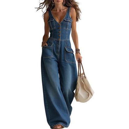 Denim Jumpsuits for Women V Neck Mid Waist Denim Sleeveless Wide Leg Jumpsuit with Pocket for Daily Wear unusual