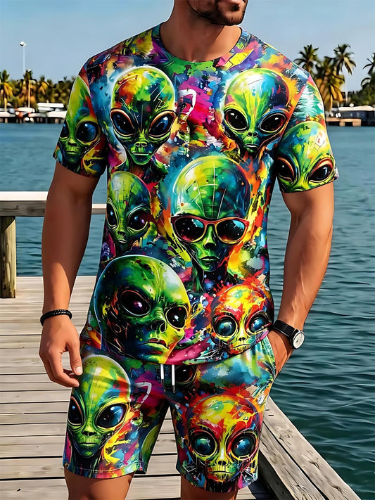 Alien Men's Short Sleeve Round Neck T-shirt And Shorts Set