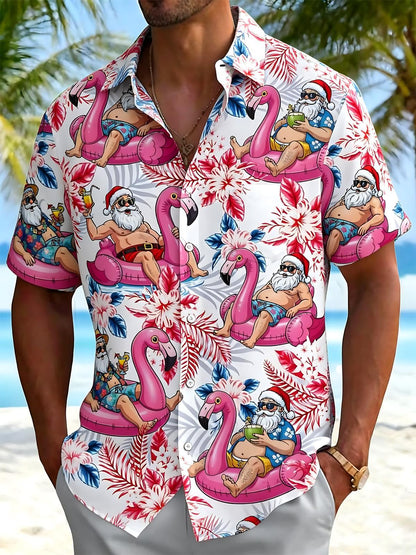 Hawaiian Flamingo Santa Claus Print Men's Pocket Short Sleeve Shirts