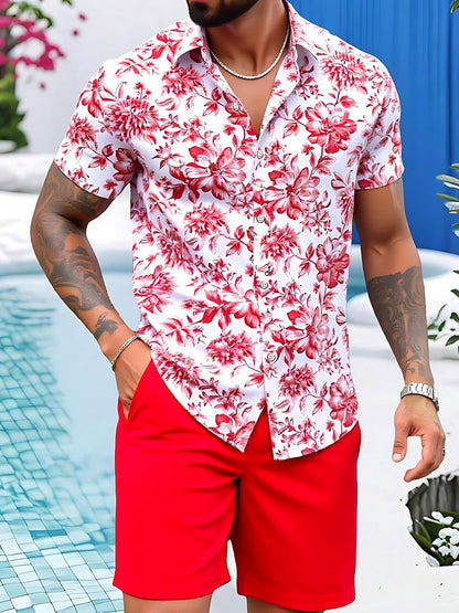 Hawaiian Floral Men's Short Sleeve Pocket Shirts And Shorts Set
