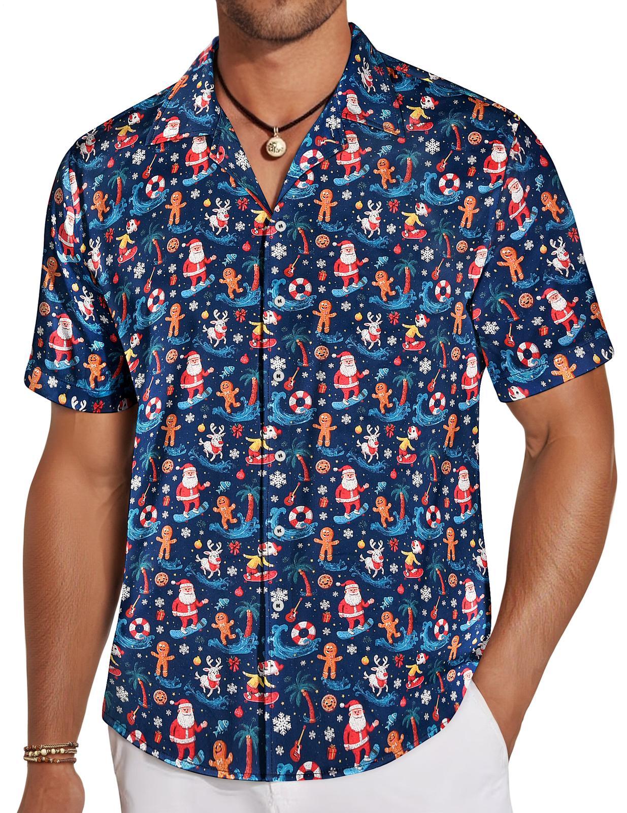 Mens Christmas Shirt Santa Print Loose Button Down Hawaiian Shirts Casual Summer Tops for Party Dating Everyday Wear forceful