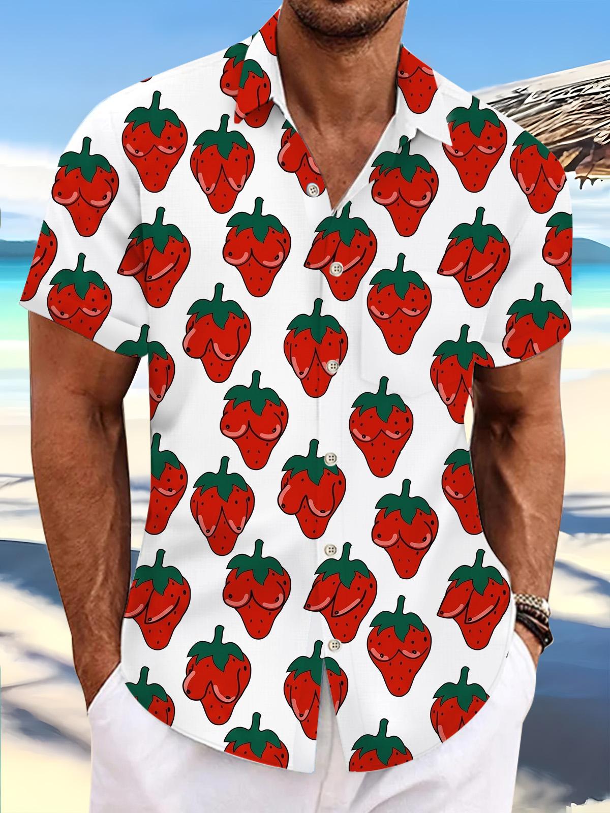 Funny Strawberry Print Men's Pocket Short Sleeve Shirts