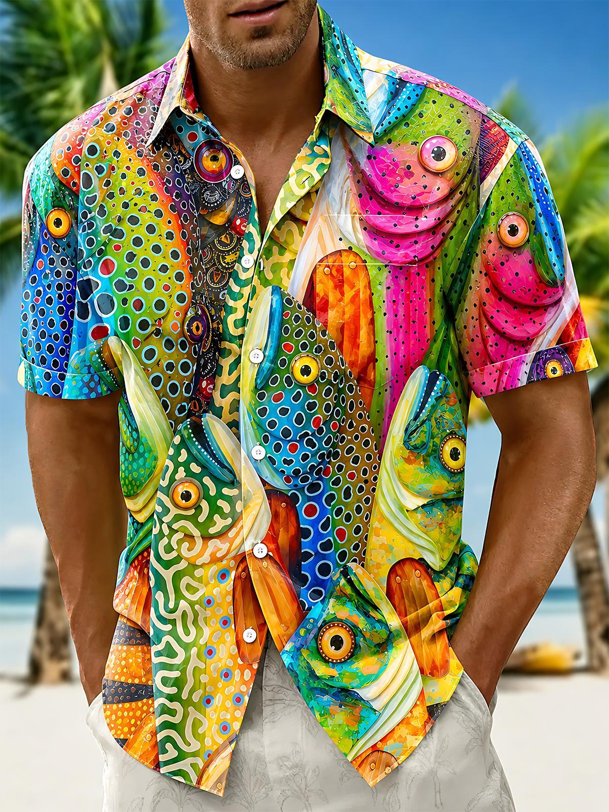 Fun Iridescent Polka Dot Weird Fish Men's Pocket Short Sleeve Shirts