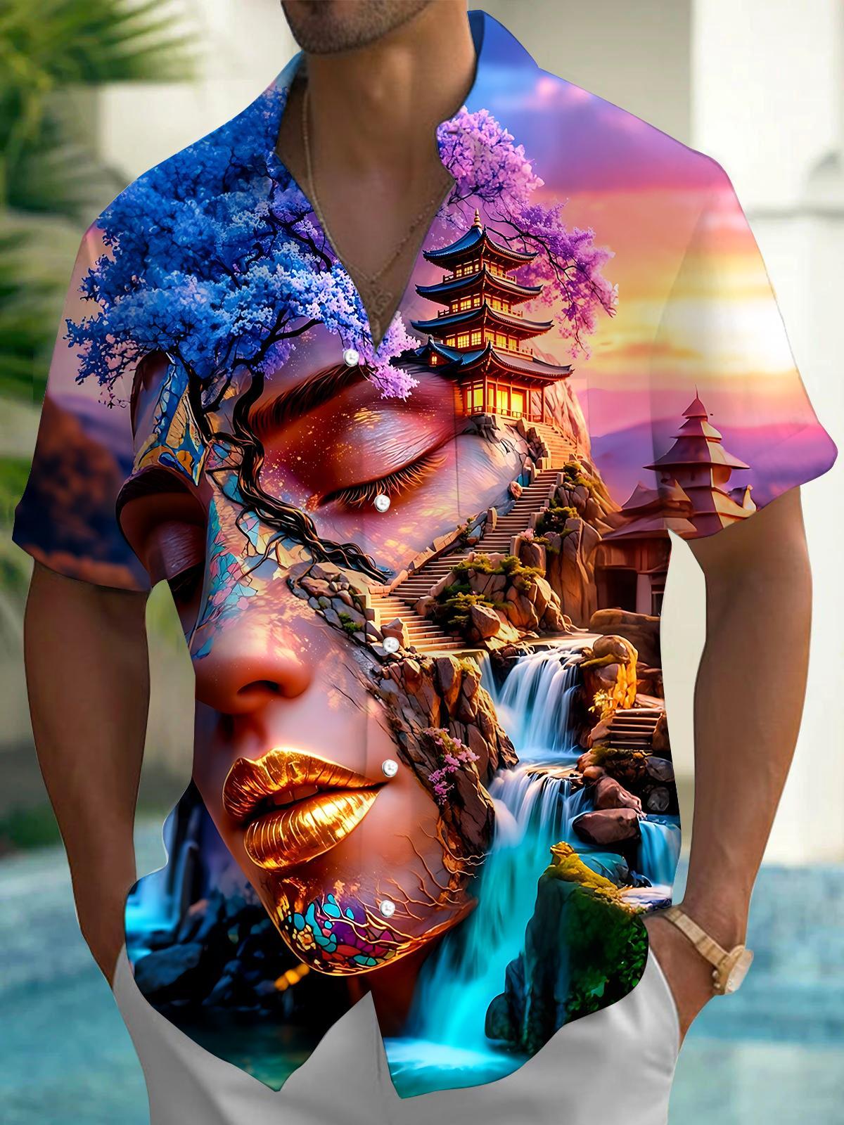 Art Secret Realm Human Face Landscape Pagoda Men's Pocket Short Sleeve Shirts