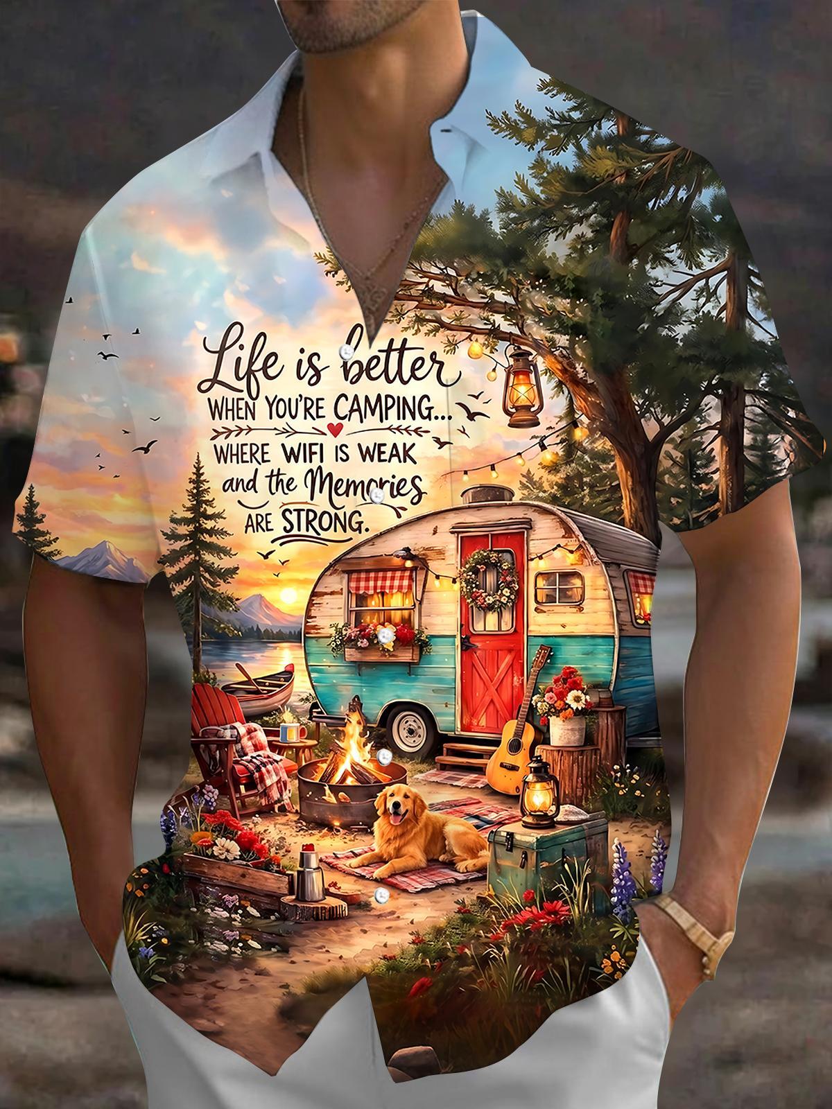 Hawaiian Camping Dog Men's Pocket Short Sleeve Shirts