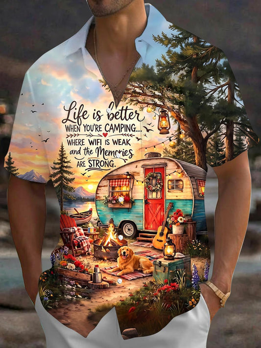 Hawaiian Camping Dog Men's Pocket Short Sleeve Shirts