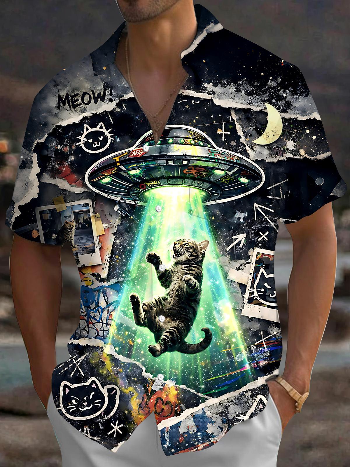 Spaceship Cat Men's Pocket Short Sleeve Shirts