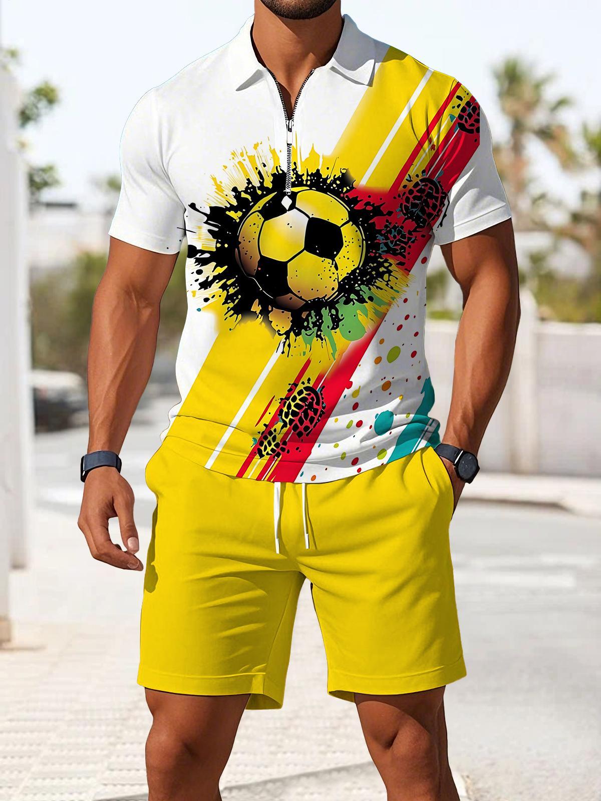 Football Print Men's Short Sleeve Zipper Polo And Shorts Set