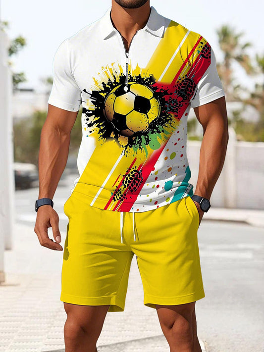 Football Print Men's Short Sleeve Zipper Polo And Shorts Set