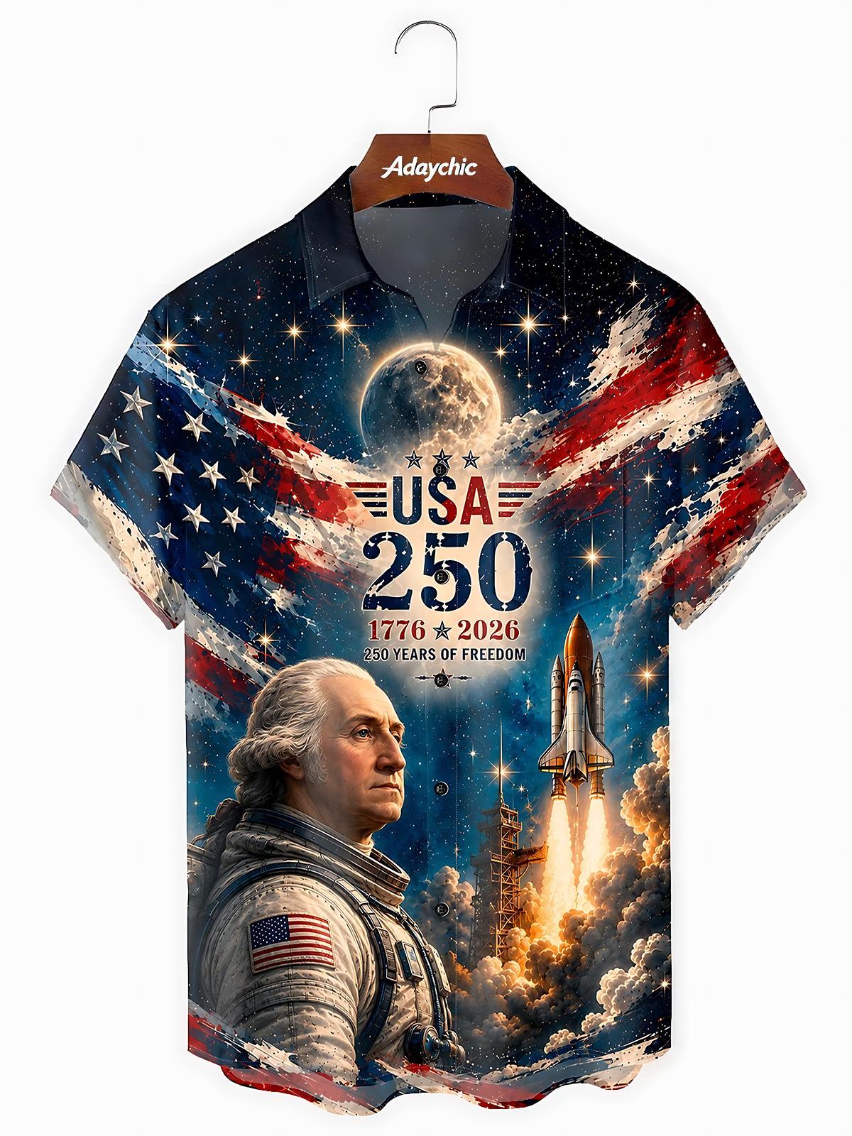 USA 250 Years Astronaut Rocket Men's Pocket Short Sleeve Shirts