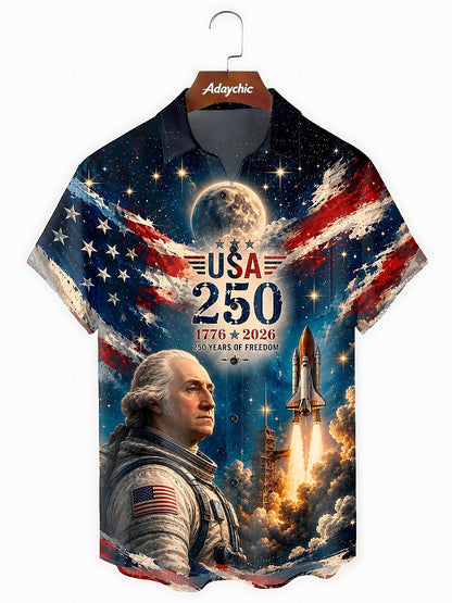 USA 250 Years Astronaut Rocket Men's Pocket Short Sleeve Shirts