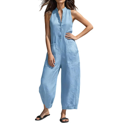 Sleeveless Jumpsuits for Women Button Front Stand Collar Sleeveless Loose Wide Leg Jumpsuit for Vacation charmingly