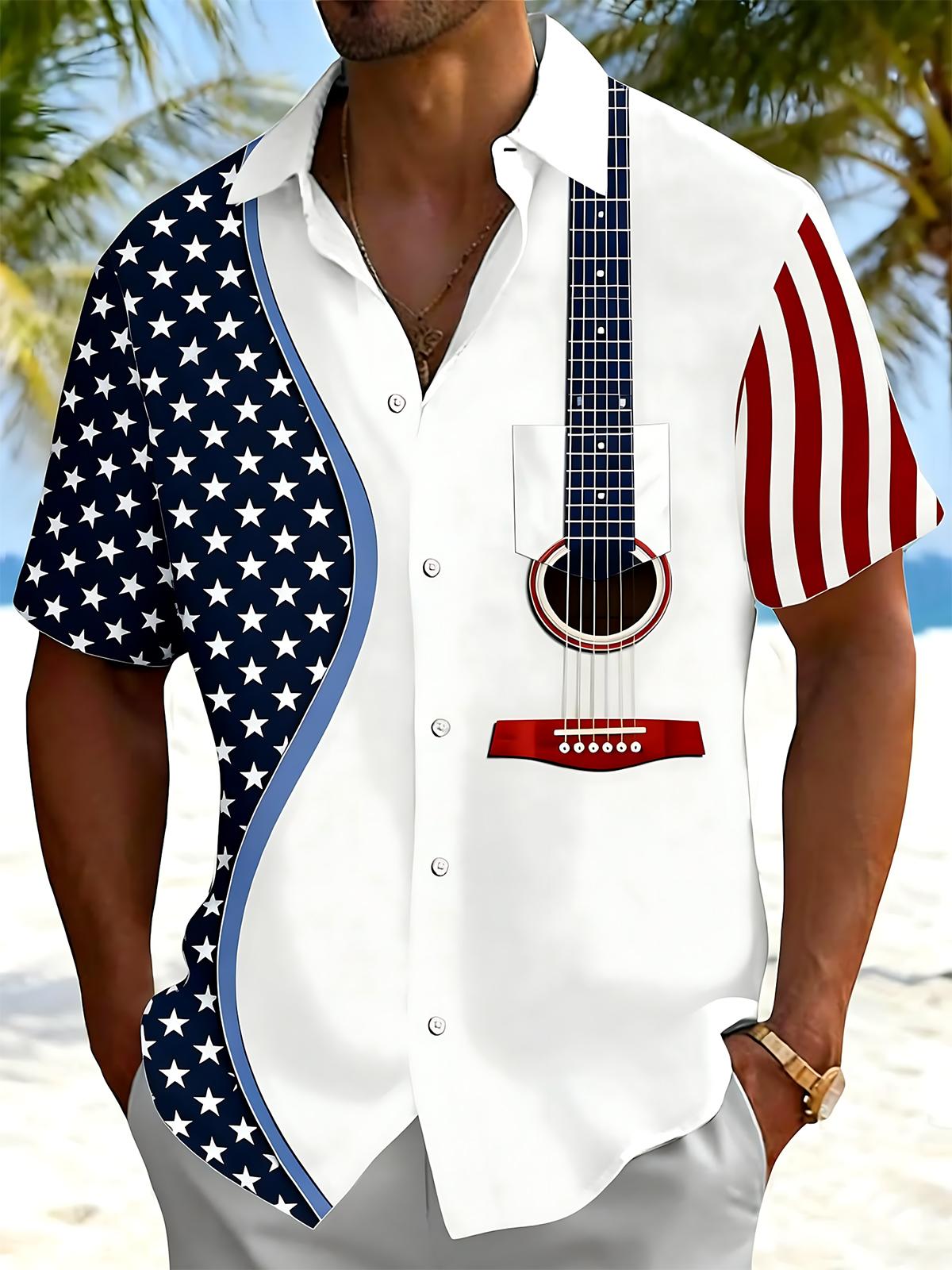American Flag Guitar Print Men's Pocket Short Sleeve Shirts