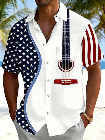 American Flag Guitar Print Men's Pocket Short Sleeve Shirts