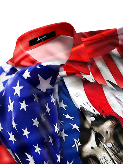 Independence Skull American Flag Men's Pocket Short Sleeve Shirts