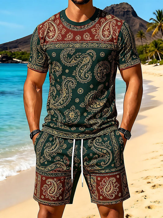 Paisley Retro Men's Short Sleeve Round Neck T-shirt And Shorts Set