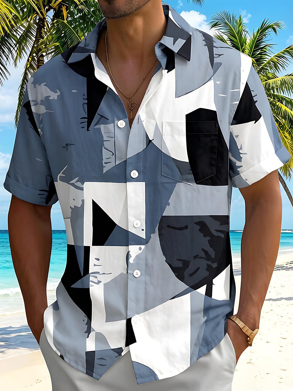 Gray Black Geometric Colorblock Men's Pocket Short Sleeve Shirts