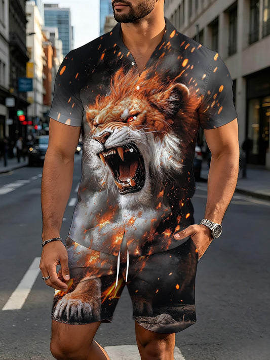Lion Print Men's Short Sleeve Pocket Shirts And Shorts Set