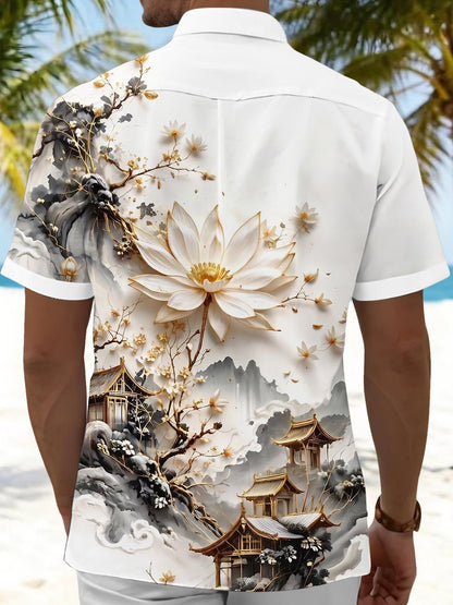 Ink Wash Golden Landscape Lotus Ancient Architecture Art Men's Pocket Short Sleeve Shirts