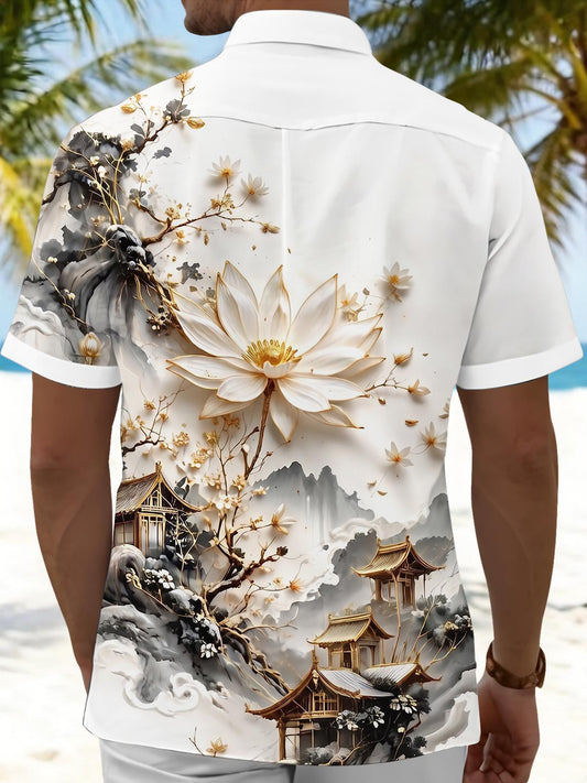 Ink Wash Golden Landscape Lotus Ancient Architecture Art Men's Pocket Short Sleeve Shirts