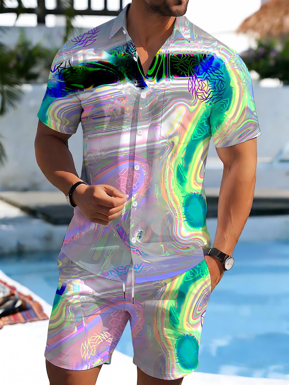 Abstract Print Men's Short Sleeve Pocket Shirts And Shorts Set