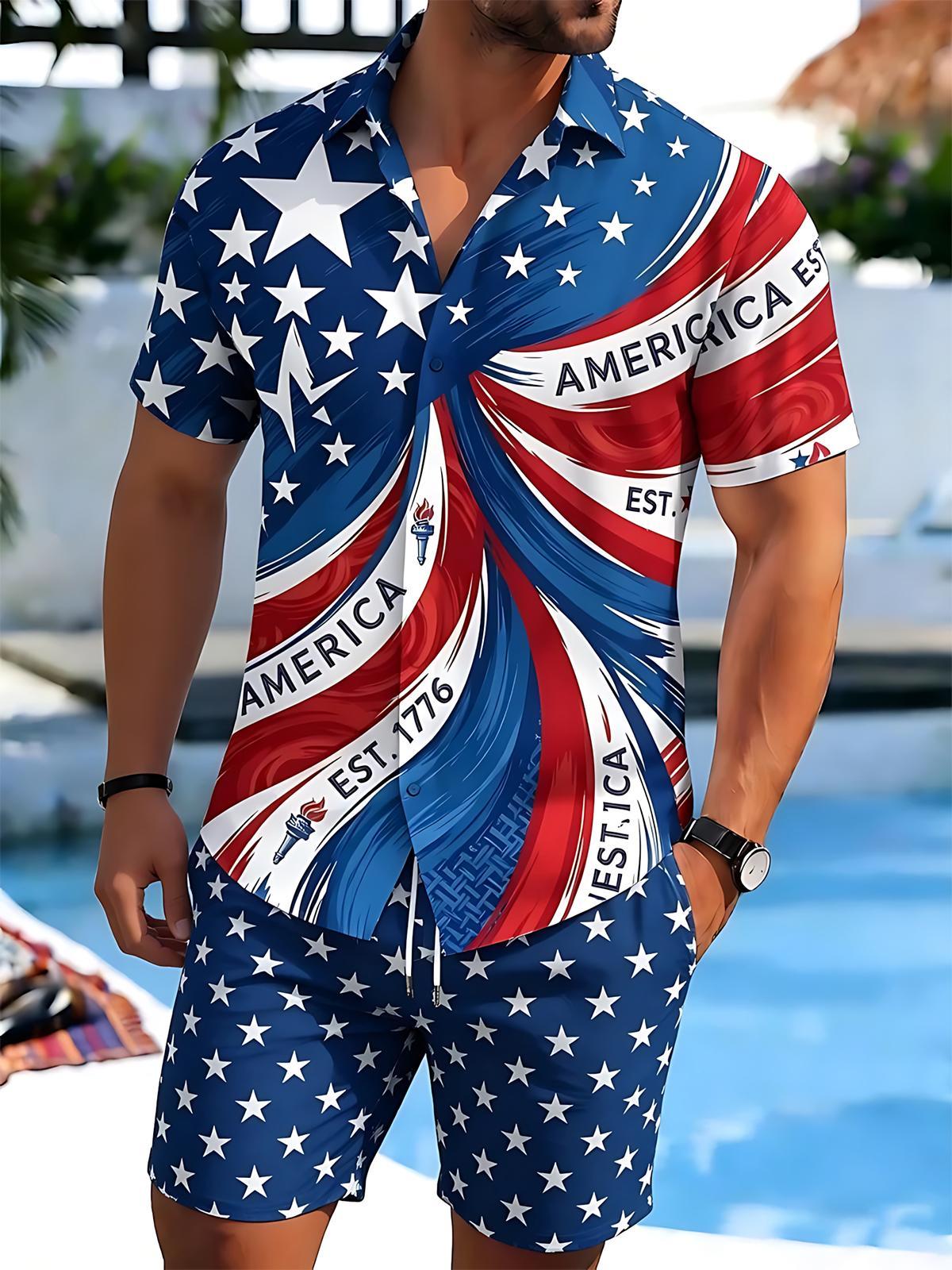 Independence American Flag Men's Short Sleeve Pocket Shirts And Shorts Set