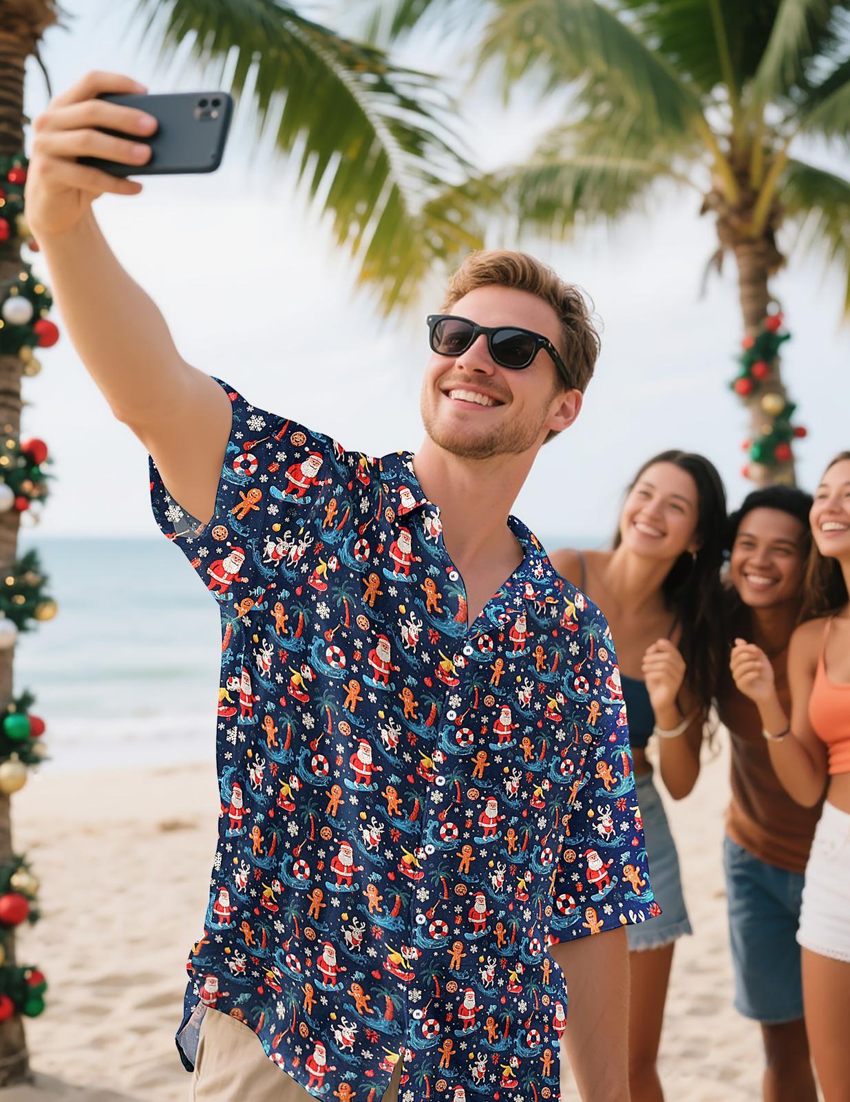 Mens Christmas Shirt Santa Print Loose Button Down Hawaiian Shirts Casual Summer Tops for Party Dating Everyday Wear forceful