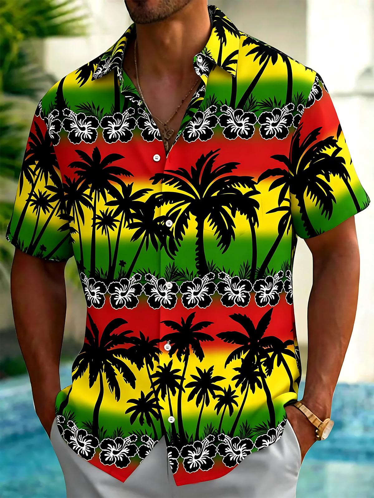 Hawaiian Palm Tree Flower Print Men's Pocket Short Sleeve Shirts