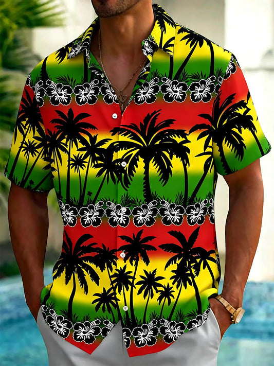 Hawaiian Palm Tree Flower Print Men's Pocket Short Sleeve Shirts