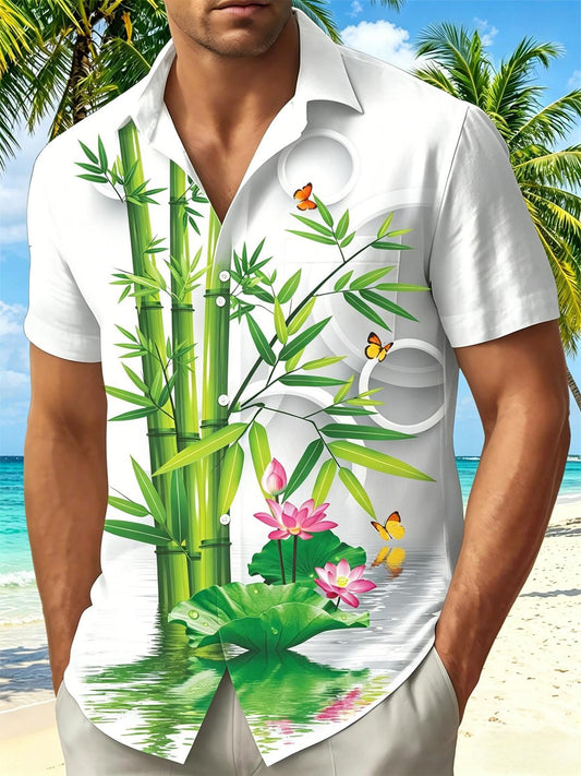 3D Bamboo Lotus Butterfly Men's Pocket Short Sleeve Shirts