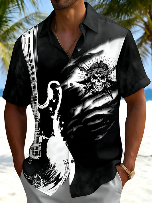 Guitar Skull Print Men's Pocket Short Sleeve Shirts