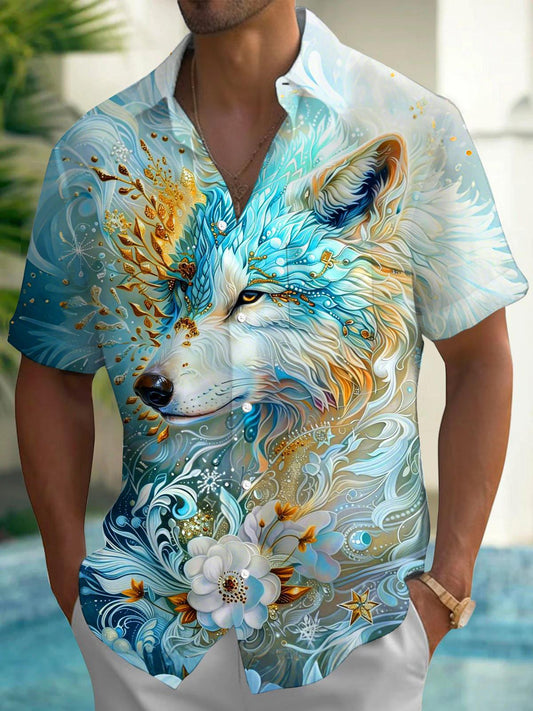 Art Blue Gold Ice Crystal Lone Wolf Floral Men's Pocket Short Sleeve Shirts