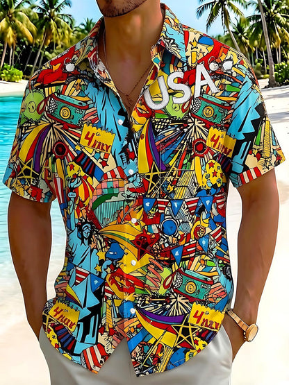 American Independence Day Colorful Graffiti Men's Pocket Short Sleeve Shirts