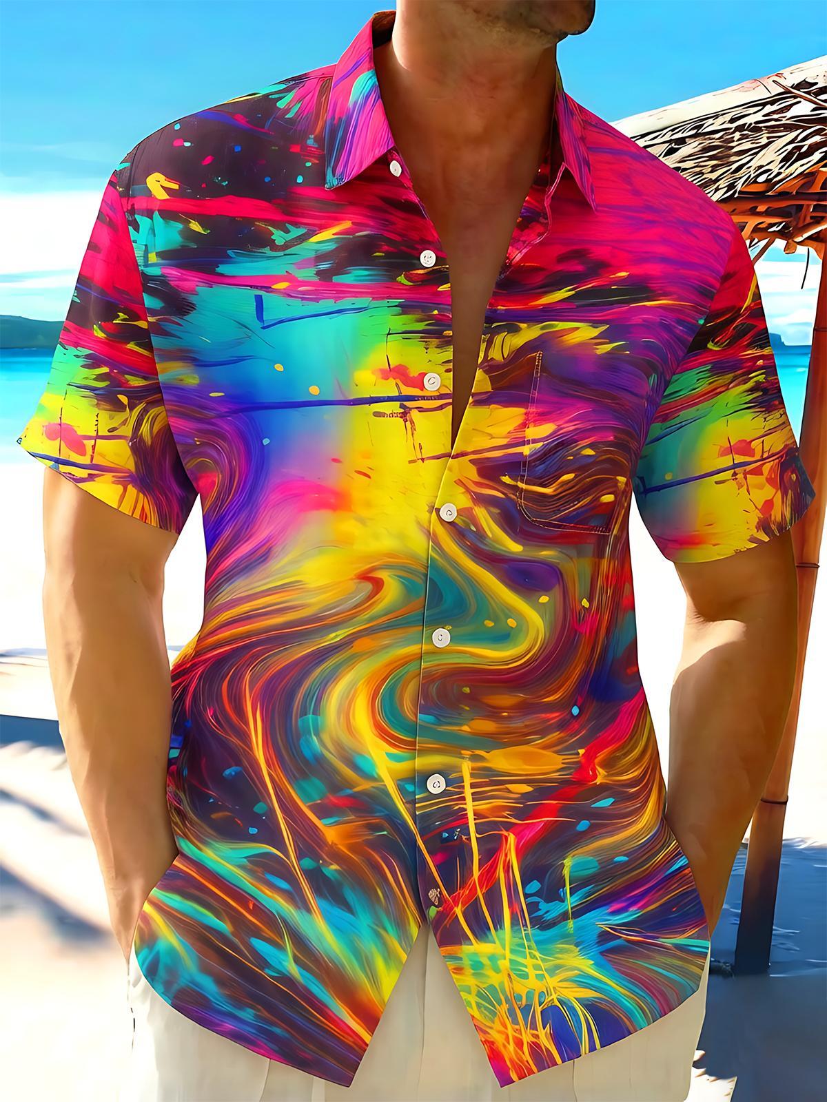 Colorful Tie-Dye Abstract Fluid Ink Blot Dyeing Men's Pocket Short Sleeve Shirts