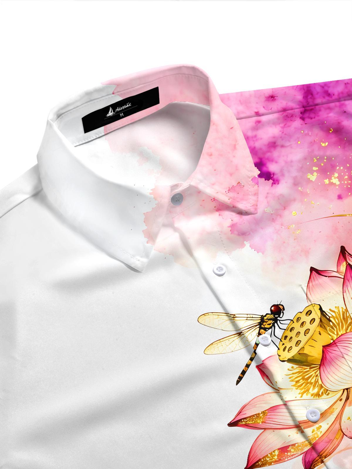 Art Watercolor Gold Foil Lotus Dragonfly Men's Pocket Short Sleeve Shirts