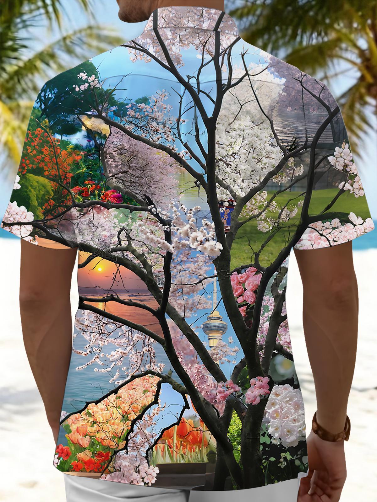 Sakura Scenery Print Men's Pocket Short Sleeve Shirts