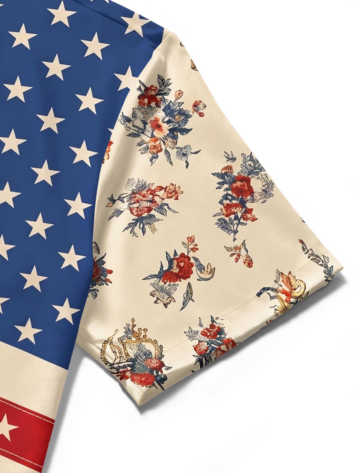 American Star Stripes Vintage Floral Accent Patriotic Holiday Vibe Retro Independence Day Men's Pocket Short Sleeve Shirts