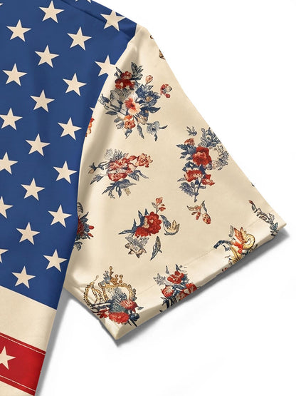 American Star Stripes Vintage Floral Accent Patriotic Holiday Vibe Retro Independence Day Men's Pocket Short Sleeve Shirts
