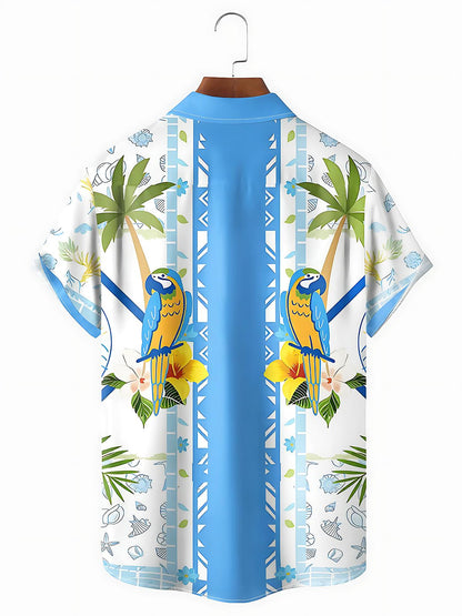 Hawaiian Coconut Tree Parrot Men's Pocket Short Sleeve Shirts