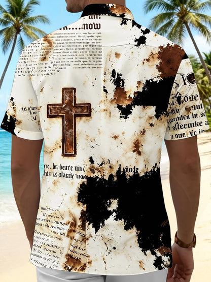 Vintage Cross Religion Distressed Print Men's Pocket Short Sleeve Shirts