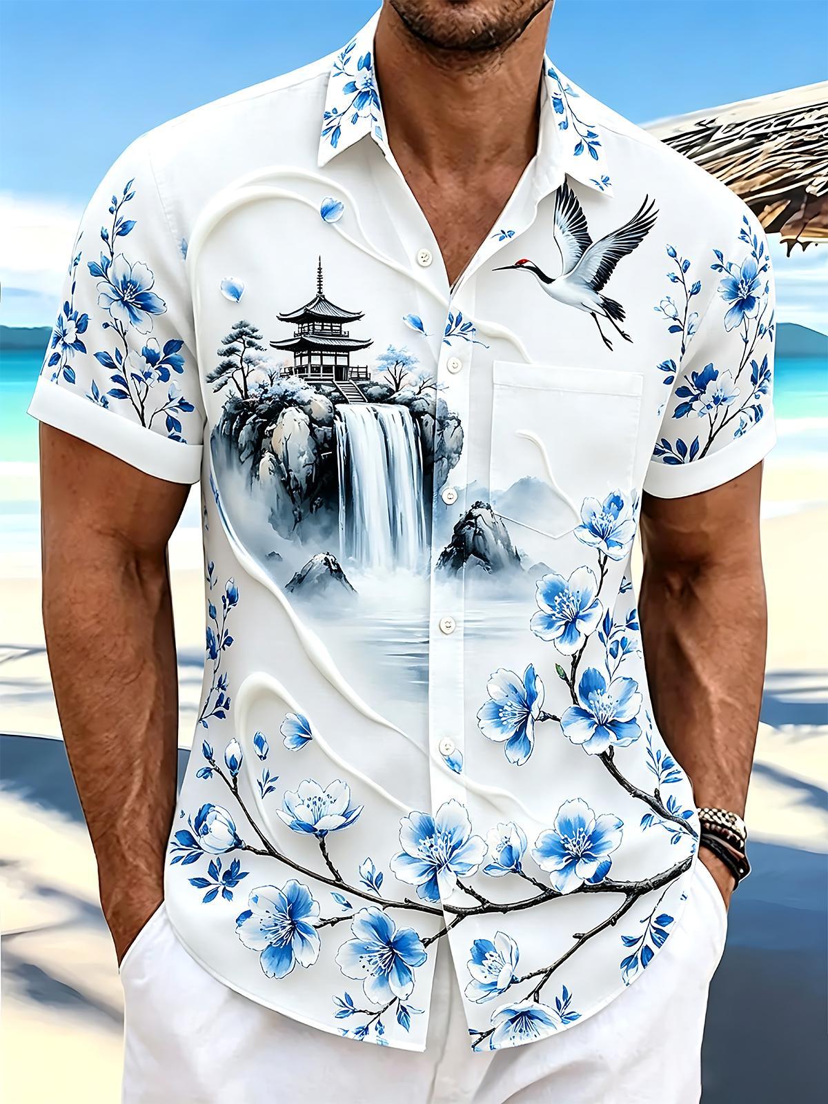 Art Blue And White Porcelain Landscape Red-Crowned Crane Men's Pocket Short Sleeve Shirts
