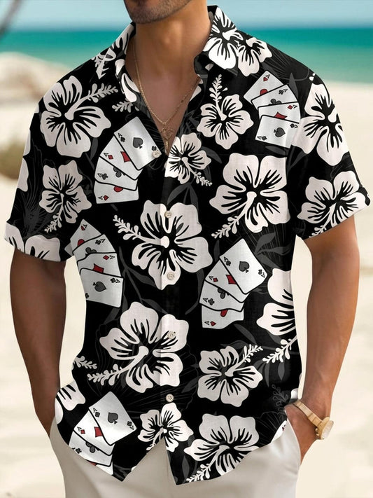 Hibiscus Poker Print Men's Pocket Short Sleeve Shirts