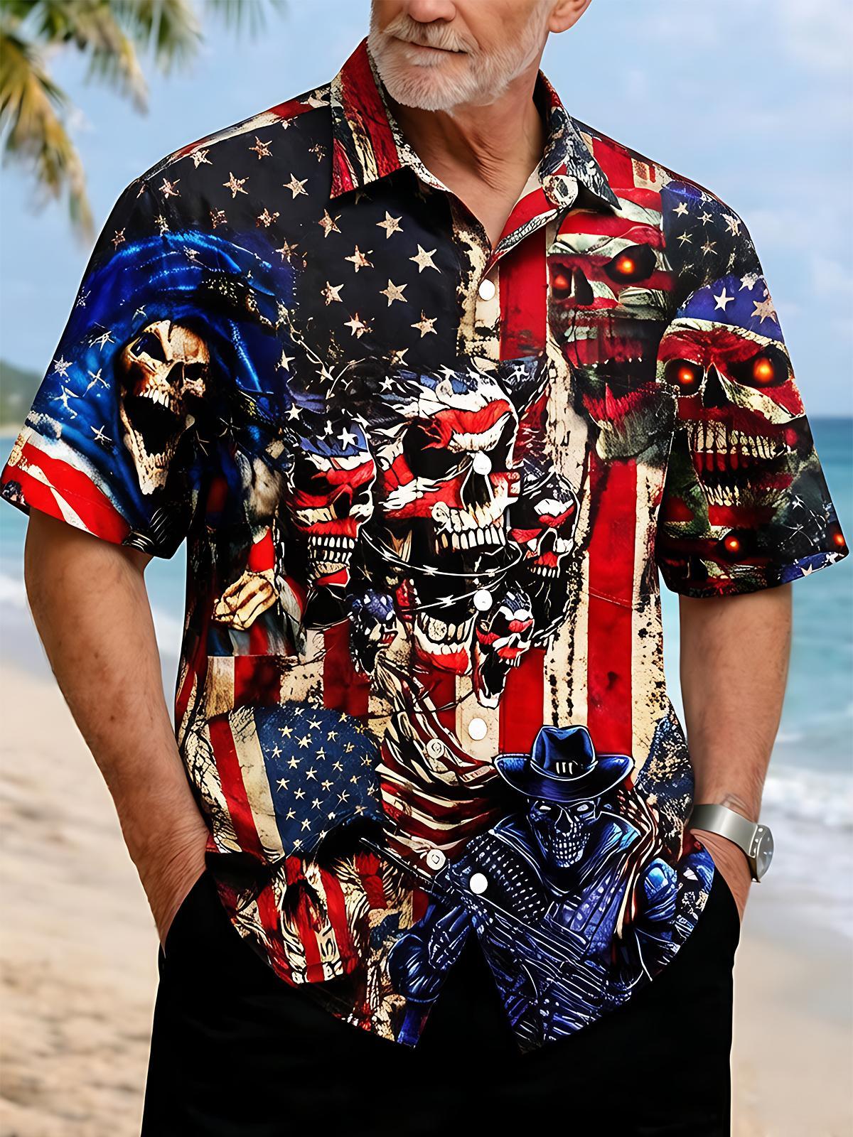 Dark American Flag Skull Independence Day Men's Pocket Short Sleeve Shirts