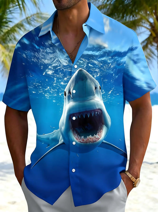 Shark Print Men's Pocket Short Sleeve Shirts