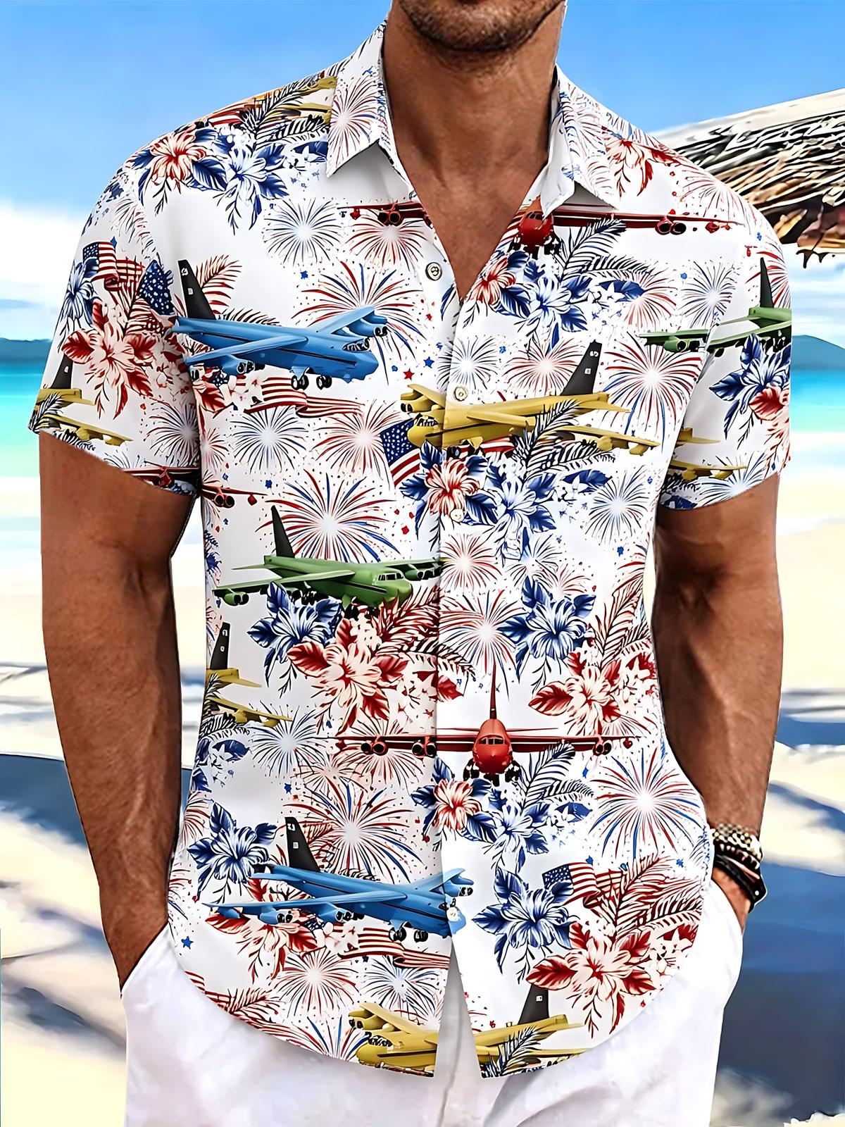 Independence Day American Flag Plane Flowers Print Men's Pocket Short Sleeve Shirts