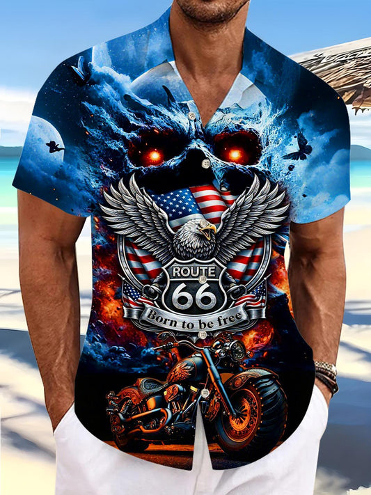 Dark Route 66 Skull Motorcycle Men's Pocket Short Sleeve Shirts