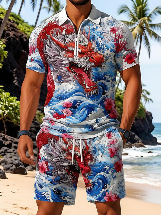 Dragon Sea Wave Men's Short Sleeve Zipper Polo And Shorts Set