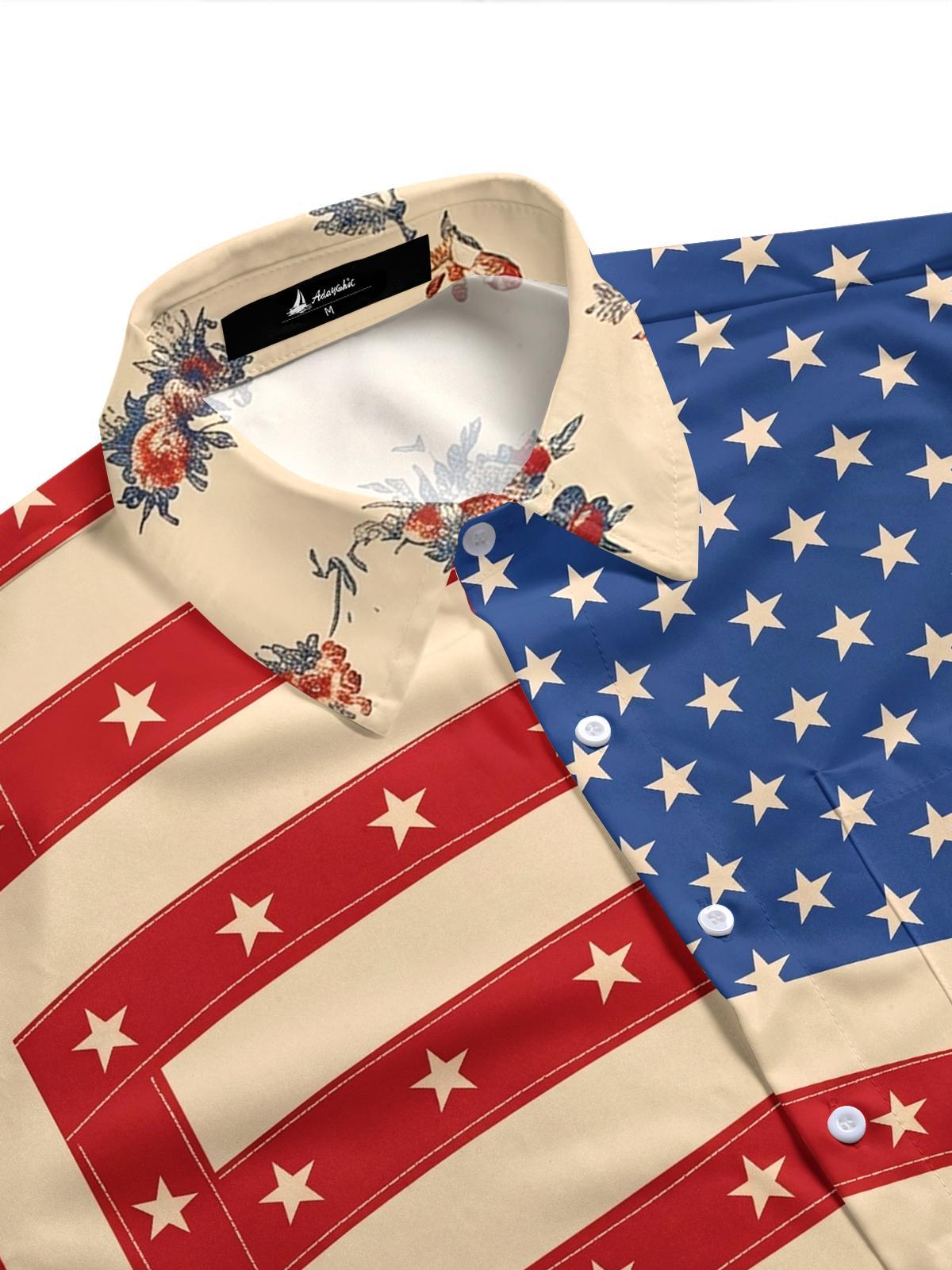 American Star Stripes Vintage Floral Accent Patriotic Holiday Vibe Retro Independence Day Men's Pocket Short Sleeve Shirts