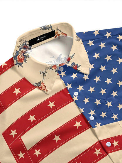 American Star Stripes Vintage Floral Accent Patriotic Holiday Vibe Retro Independence Day Men's Pocket Short Sleeve Shirts